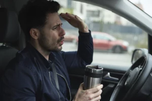 Concerned man in a car holding a travel mug, shielding his eyes from the sun while watching the road, with a red car outside the window.