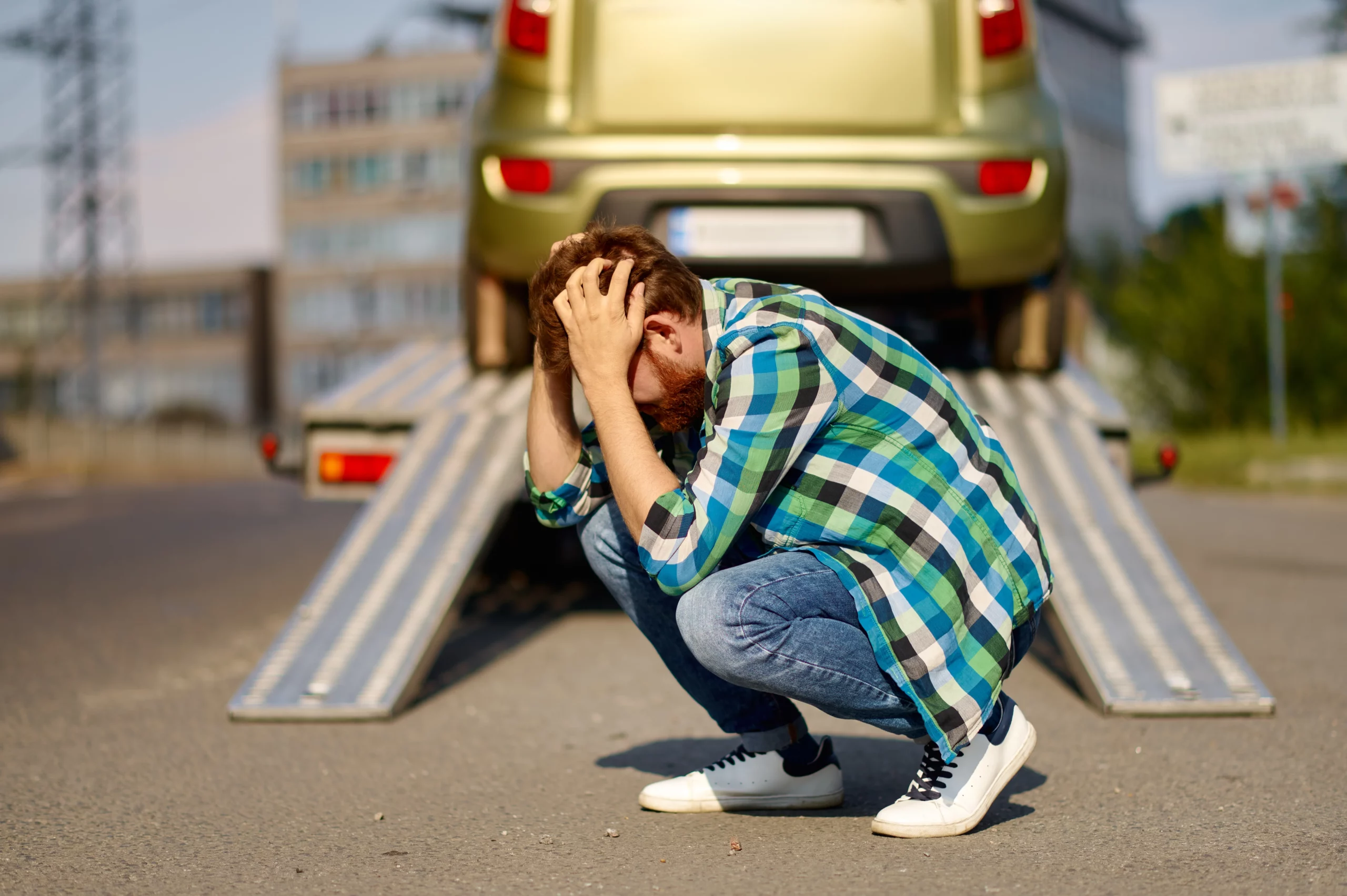 Distressed man in front of car on tow truck, illustrating repossession vs voluntary surrender in Oregon