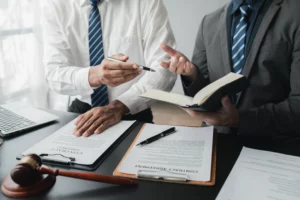 Business professionals reviewing legal documents, illustrating Chapter 11 bankruptcy considerations for sole proprietorships in Oregon.