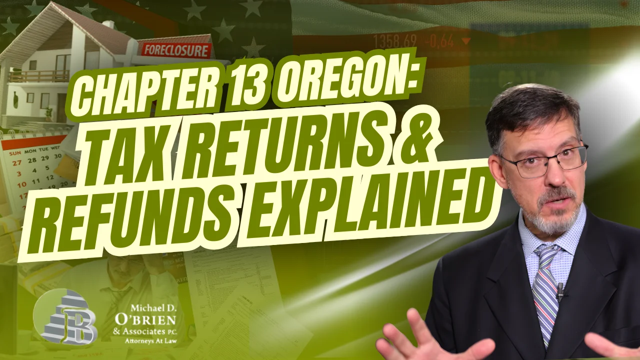 Man in suit explaining ‘Chapter 13 Oregon: Tax Returns & Refunds’ against collage of foreclosure signs, calendar and financial documents, illustrating tax return impact and bankruptcy planning under Oregon Chapter 13.