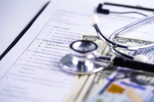 Stethoscope, medical form, and U.S. currency illustrating bankruptcy options for medical bills in Oregon.