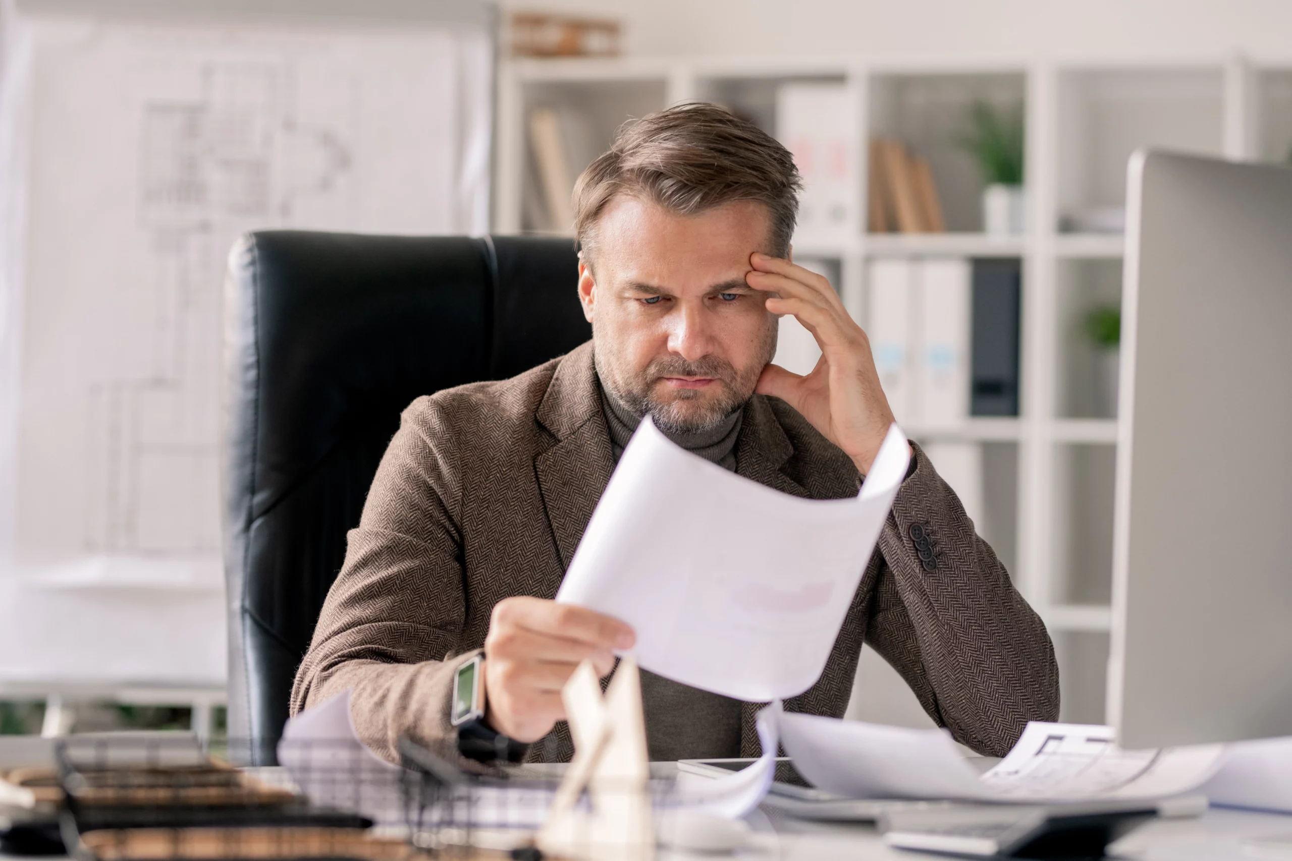 Stressed businessman reviewing paperwork, illustrating filing Chapter 11 bankruptcy for business debt in Oregon.